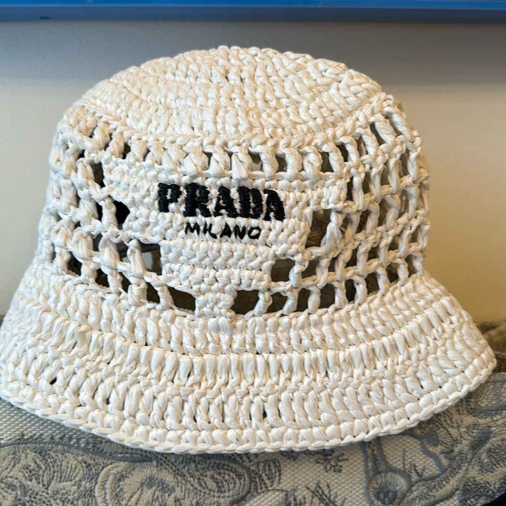 Prada white raffia bucket hat 100% Authentic